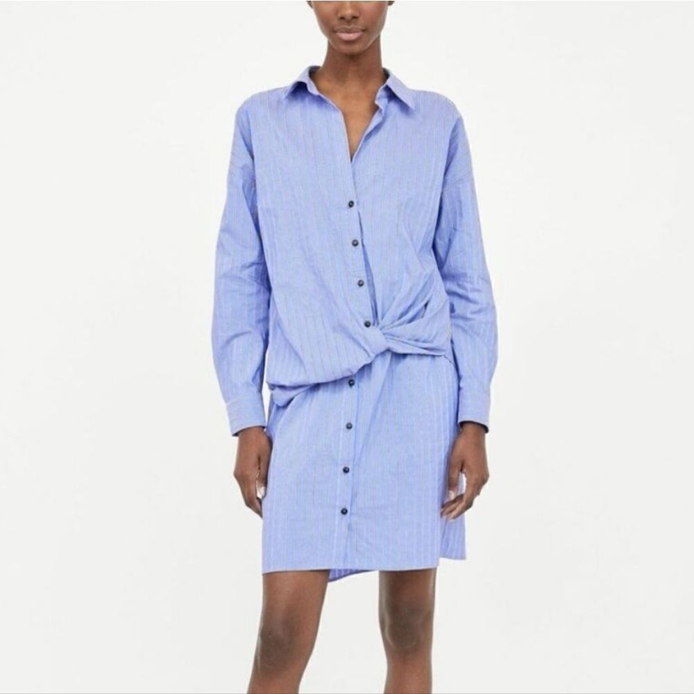 Zara Small Shirt Dress Button Front Blue Stripe Twist Front Long sleeve - Picture 2 of 11